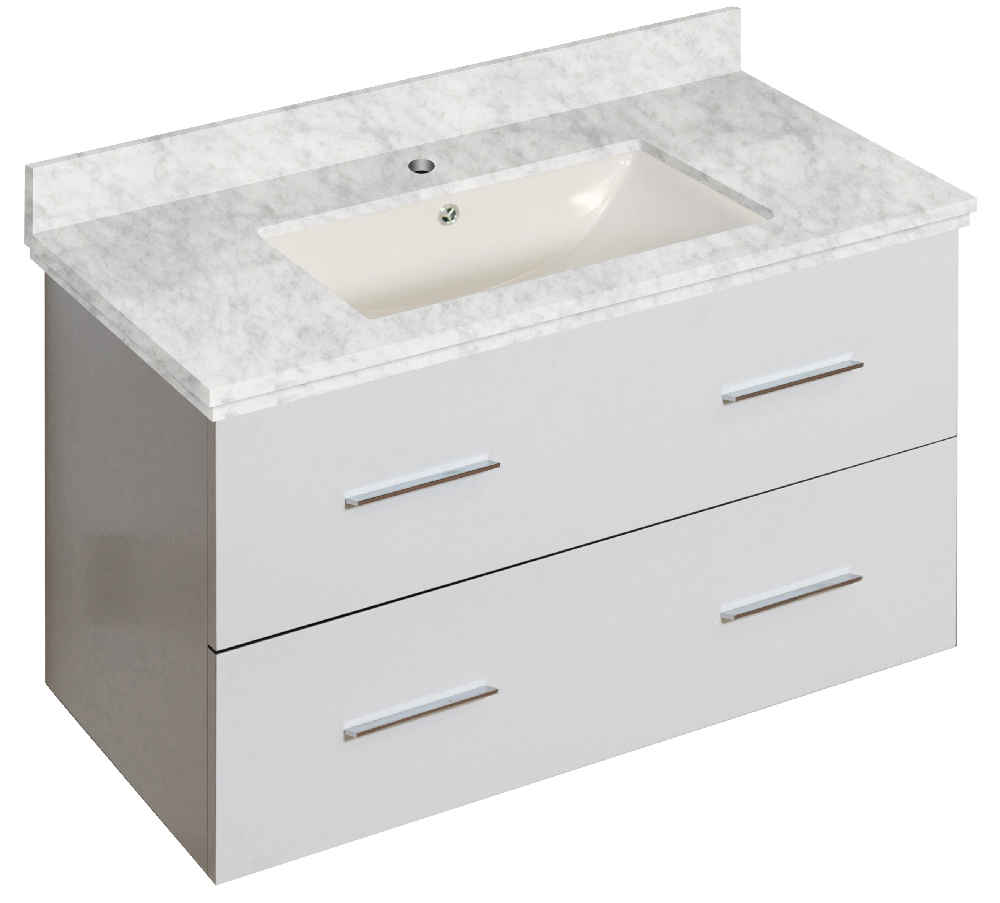 36-in. W Wall Mount White Vanity Set For 1 Hole Drilling Bianca Carara Top Biscuit UM Sink
