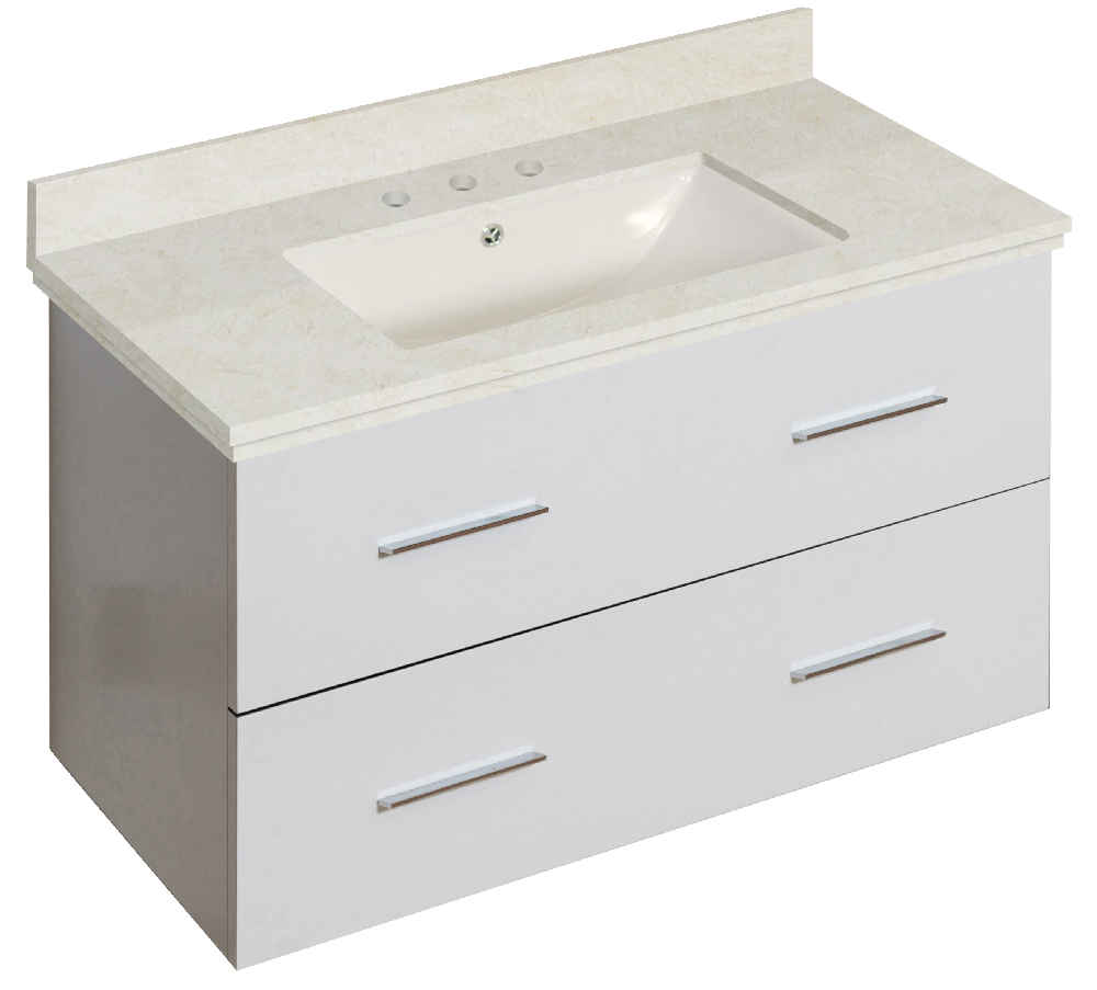 36-in. W Wall Mount White Vanity Set For 3H8-in. Drilling Beige Top Biscuit UM Sink
