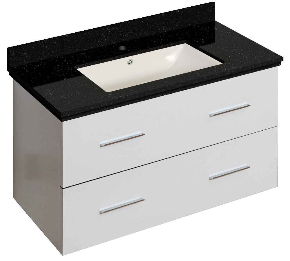 36-in. W Wall Mount White Vanity Set For 1 Hole Drilling Black Galaxy Top Biscuit UM Sink