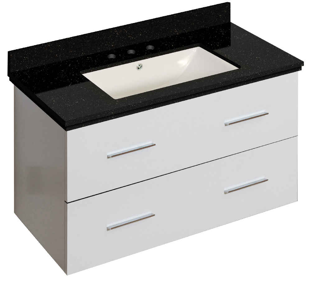 36-in. W Wall Mount White Vanity Set For 3H8-in. Drilling Black Galaxy Top Biscuit UM Sink