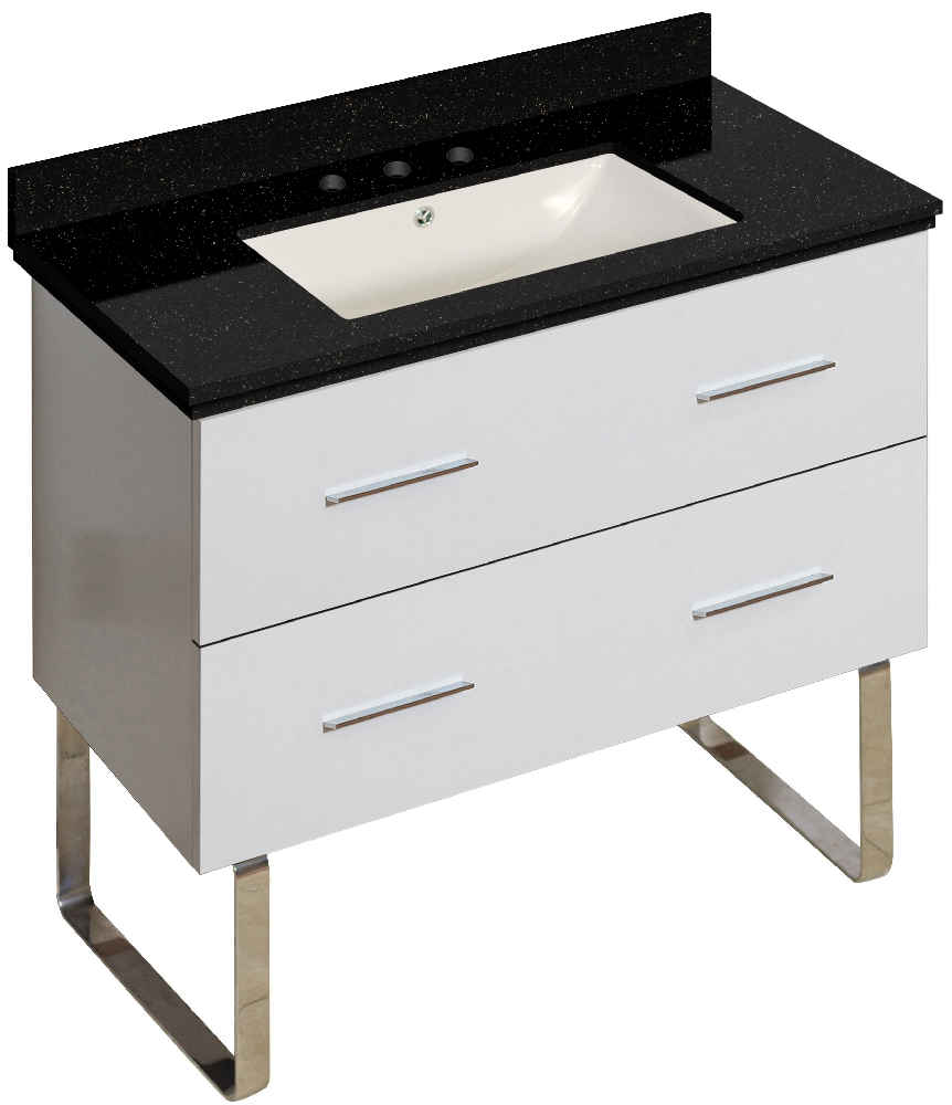 36-in. W Floor Mount White Vanity Set For 3H8-in. Drilling Black Galaxy Top Biscuit UM Sink