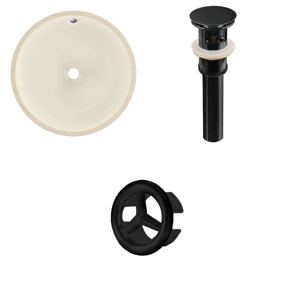 16-in. W Round Bathroom Undermount Sink Set In Biscuit - Black Hardware - Overflow Drain Incl.