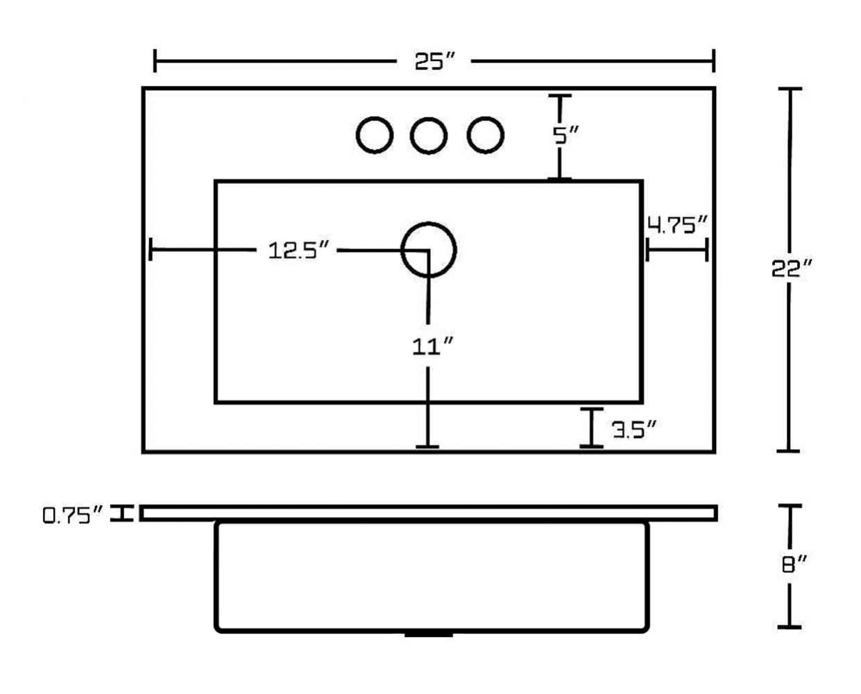 25-in. W 3H4-in. Ceramic Top Set In White Color - Overflow Drain Incl.