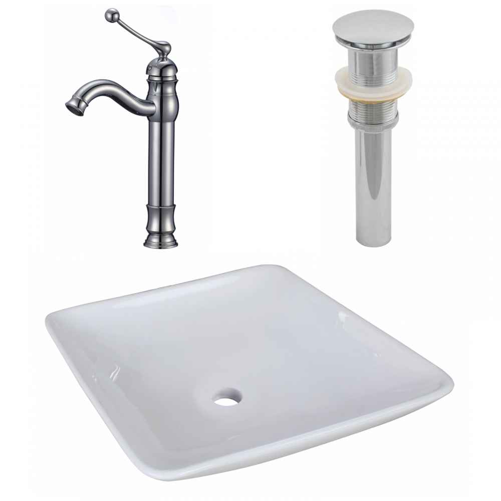 16.75-in. x 16.75-in. Square Bathroom Vessel Sink Set White Enamel Glaze