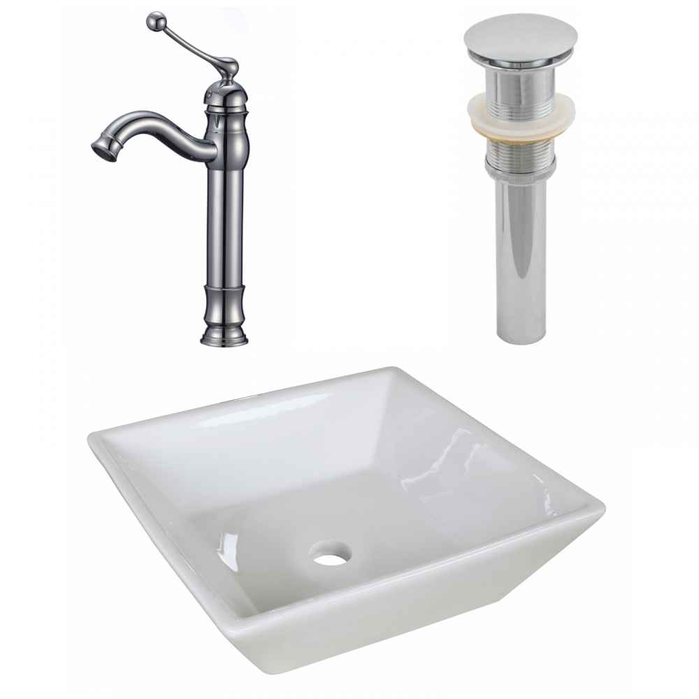 15.75-in. x 15.75-in. Square Bathroom Vessel Sink Set White Enamel Glaze