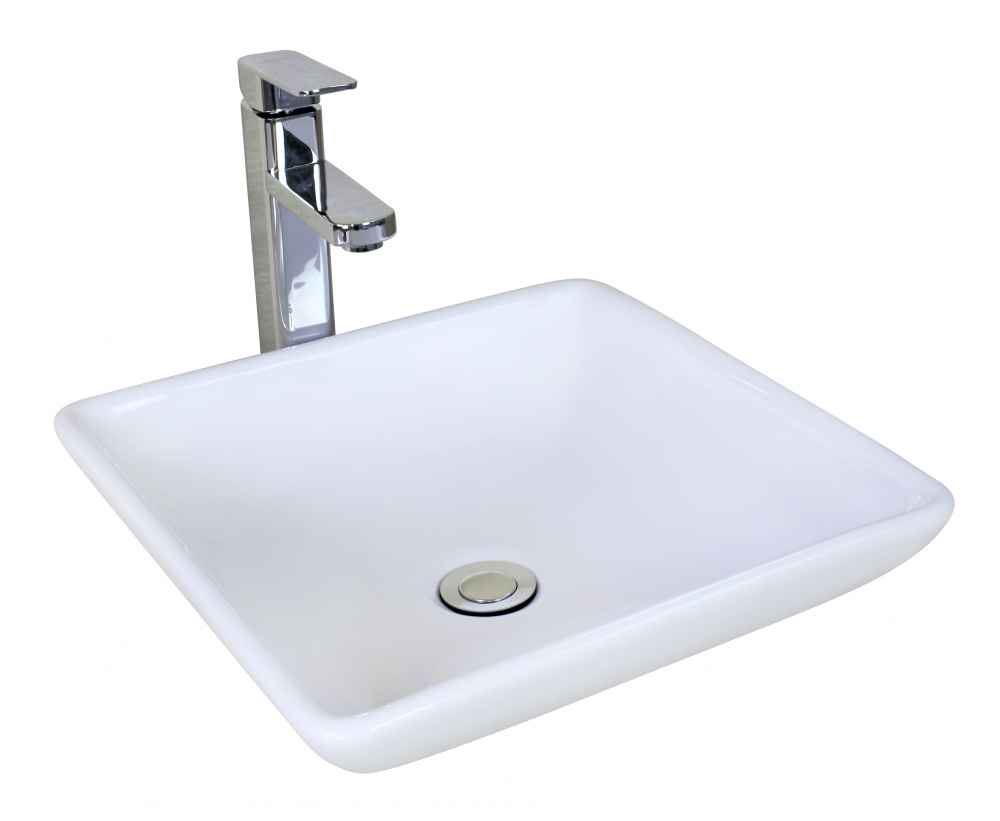 15.75 x 15.75 in White Square Ceramic Bathroom Vessel Sink Set