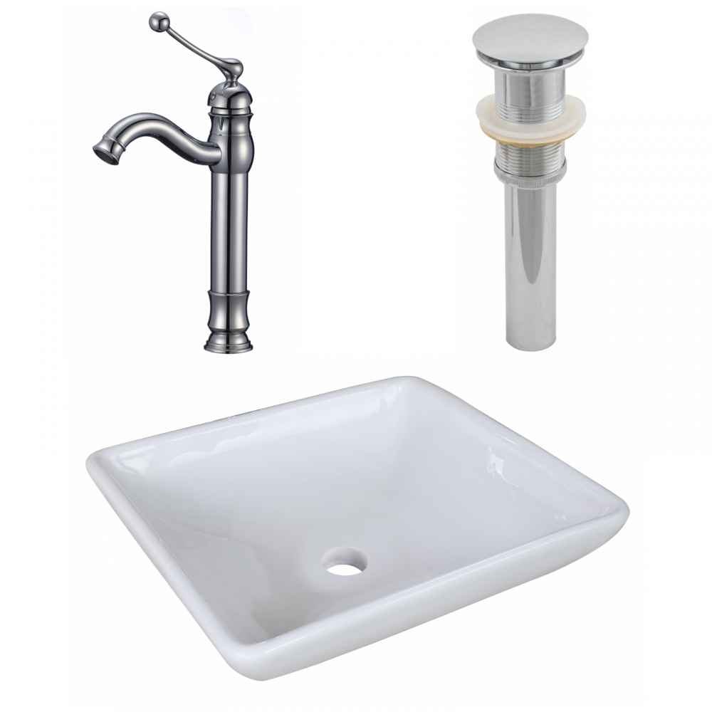 15.75-in. x 15.75-in. Square Bathroom Vessel Sink Set White Enamel Glaze
