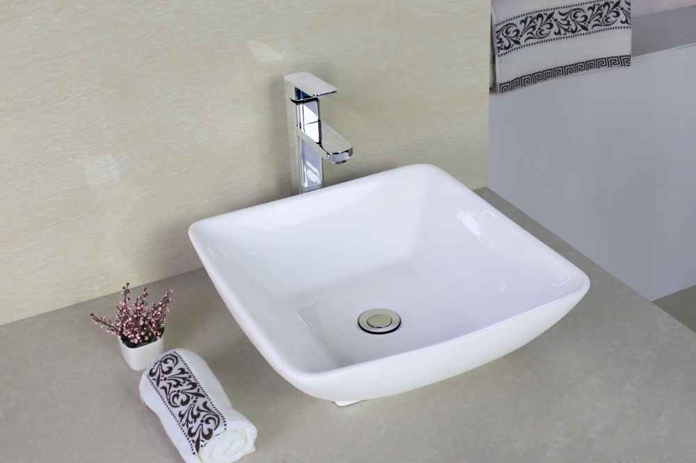 16.5-in. x 16.5-in. Square Bathroom Vessel Sink Set White Enamel Glaze