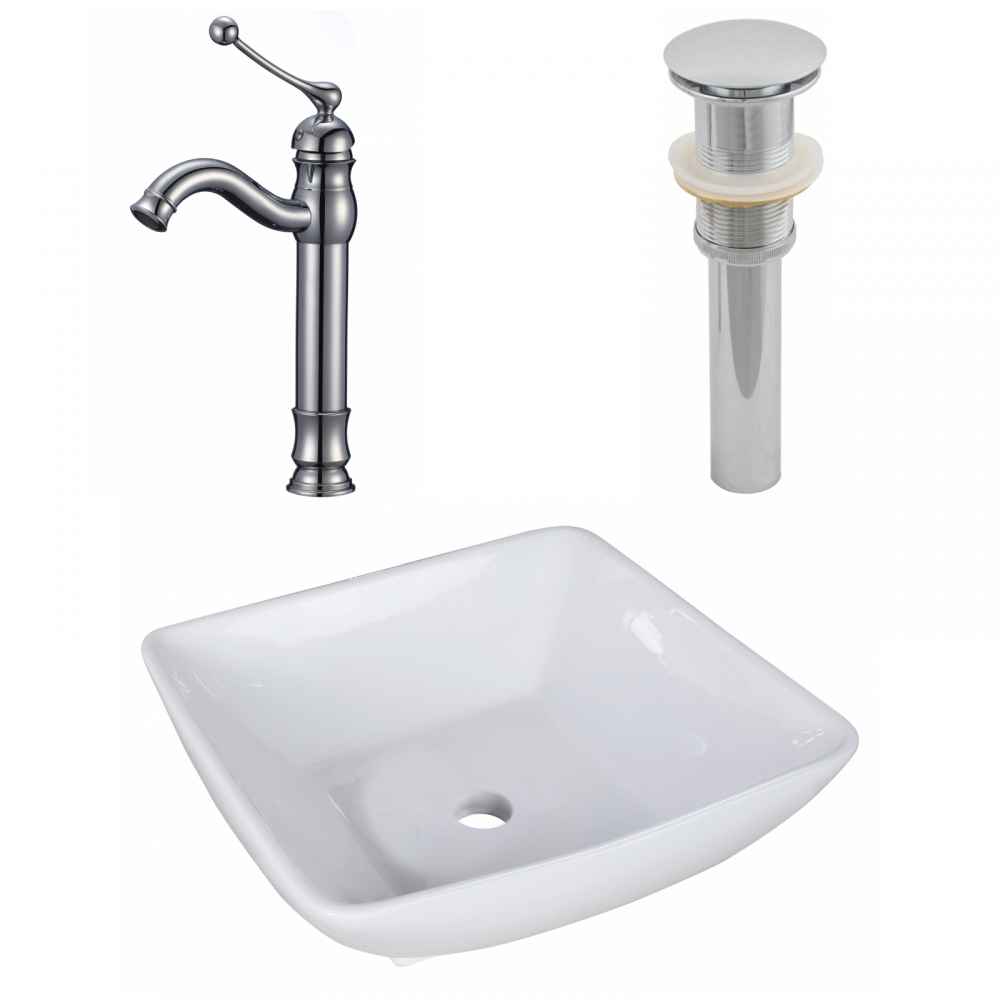 16.5-in. x 16.5-in. Square Bathroom Vessel Sink Set White Enamel Glaze