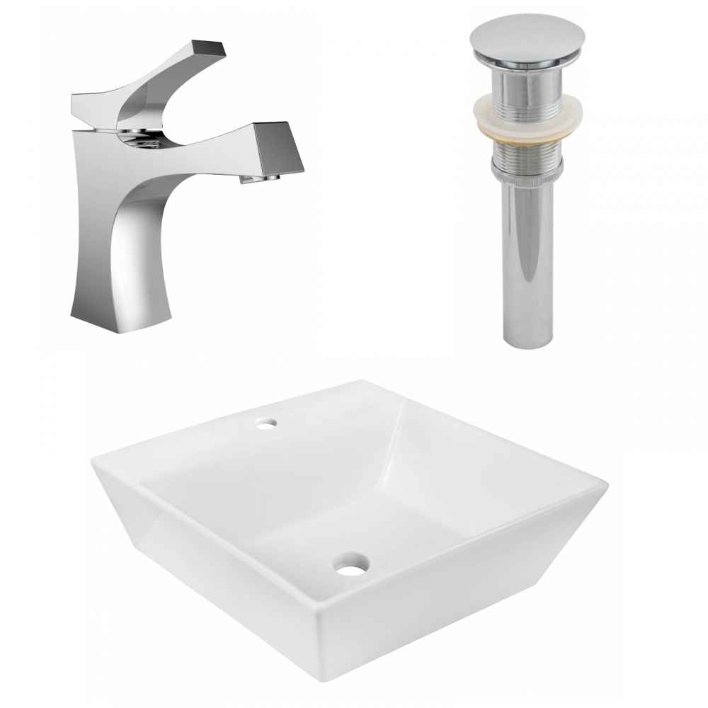 16.5-in. x 16.5-in. Square Bathroom Vessel Sink Set White Enamel Glaze