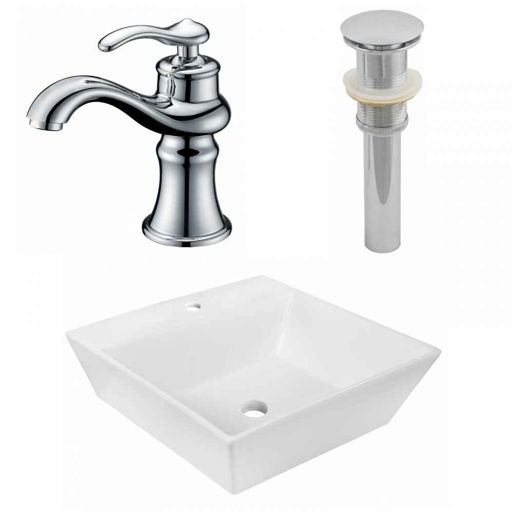 16.5-in. x 16.5-in. Square Bathroom Vessel Sink Set White Enamel Glaze