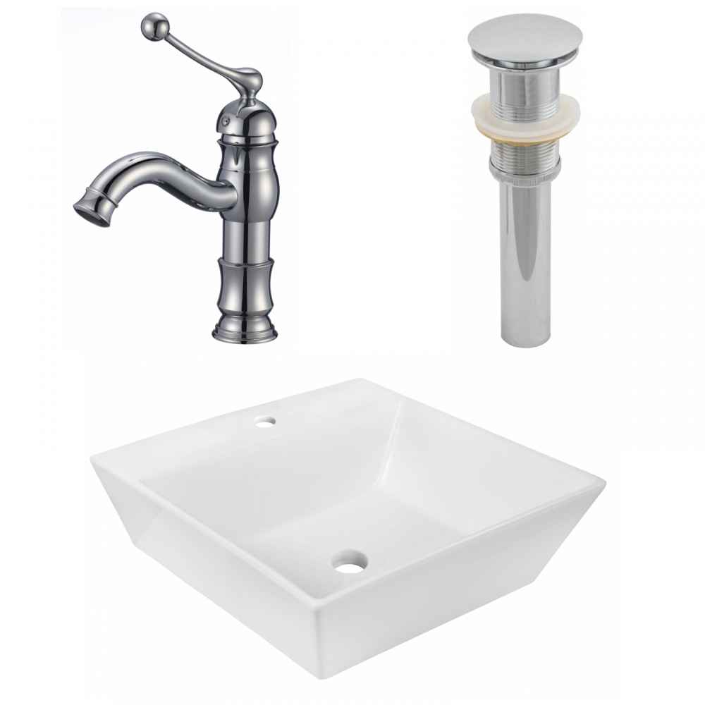 16.5-in. x 16.5-in. Square Bathroom Vessel Sink Set White Enamel Glaze