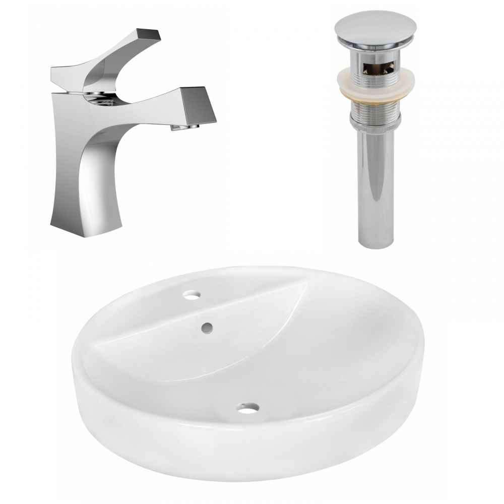 18.1-in. x 18.1-in. Round Bathroom Vessel Sink Set White Enamel Glaze