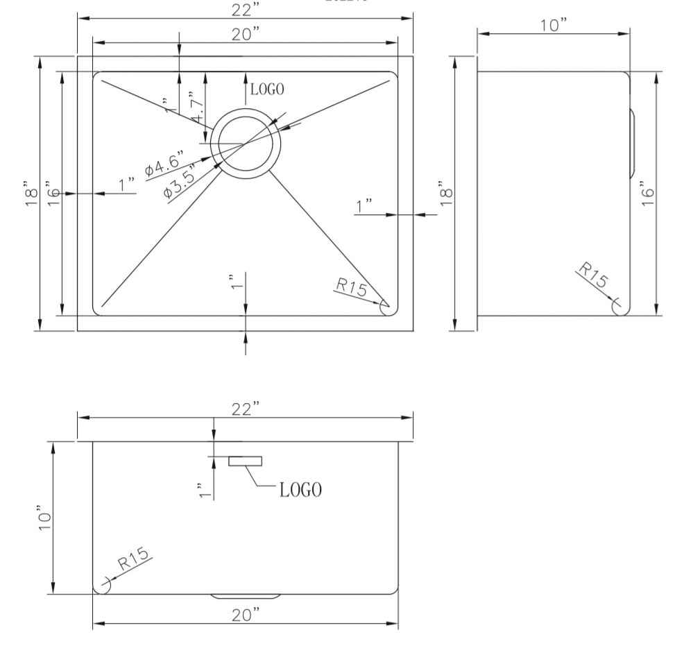 22-in. W CSA Approved Stainless Steel Kitchen Sink With 1 Bowl And 18 Gauge