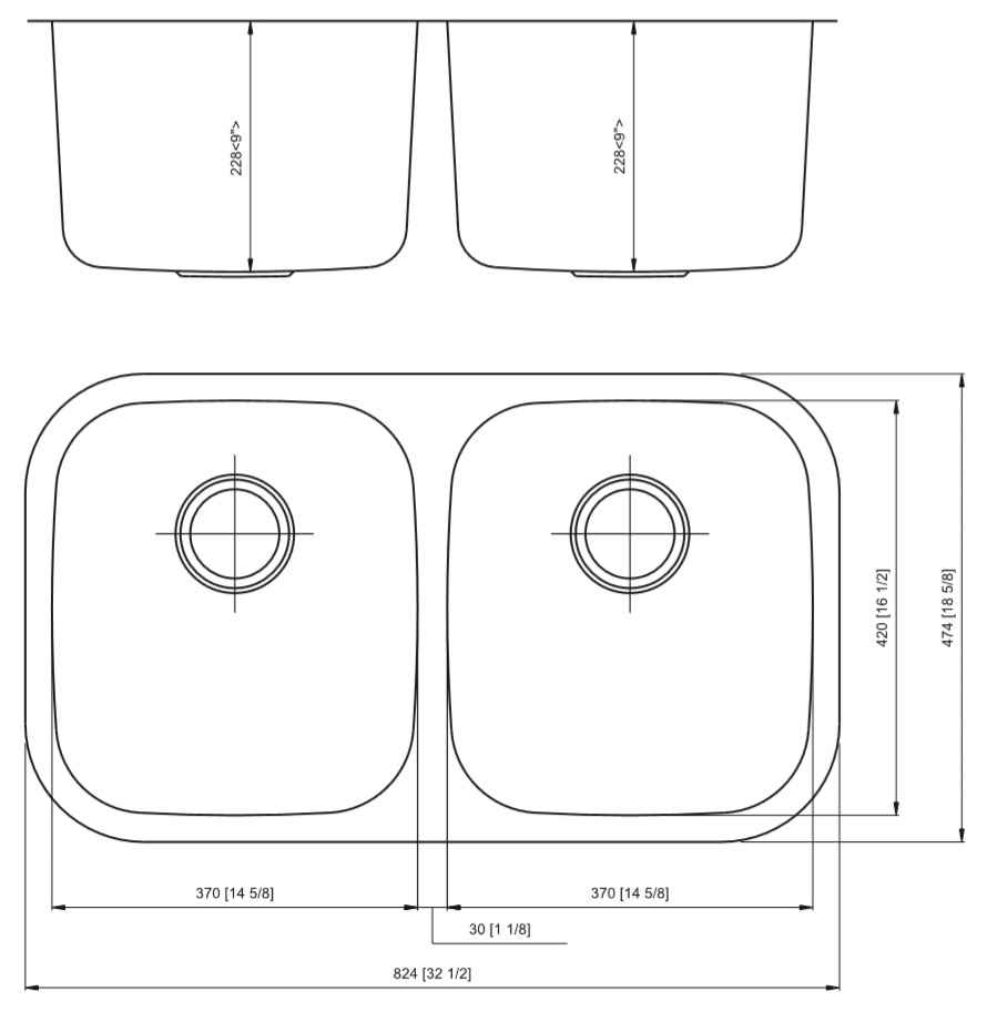 32.25 x 18.5 in Stainless Steel Rectangle 18 Gauge Double Bowl Undermount Kitchen Sink, CSA Certified