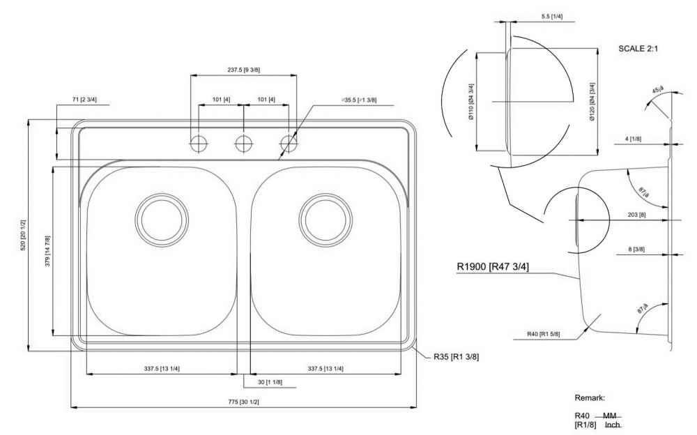 30.5-in. W CSA Approved Stainless Steel Kitchen Sink With 2 Bowl And 18 Gauge