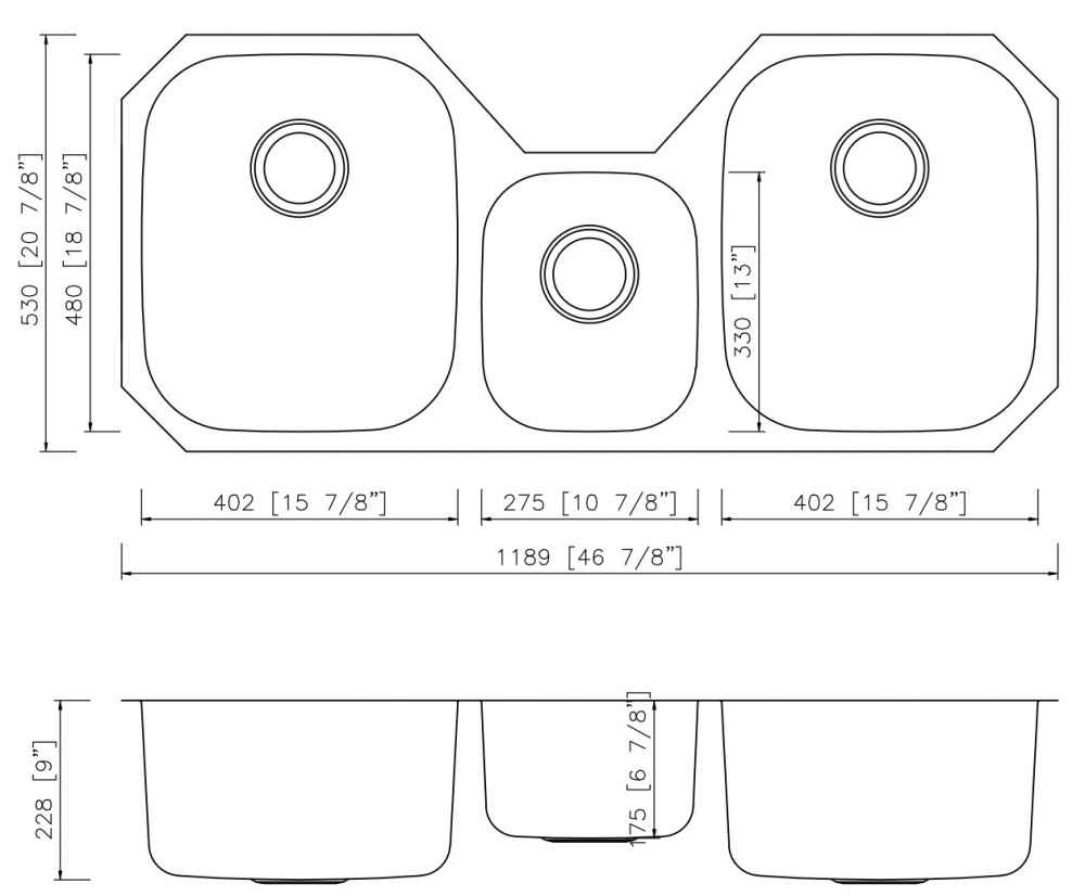 46.875-in. W CSA Approved Stainless Steel Kitchen Sink With 3 Bowl And 18 Gauge