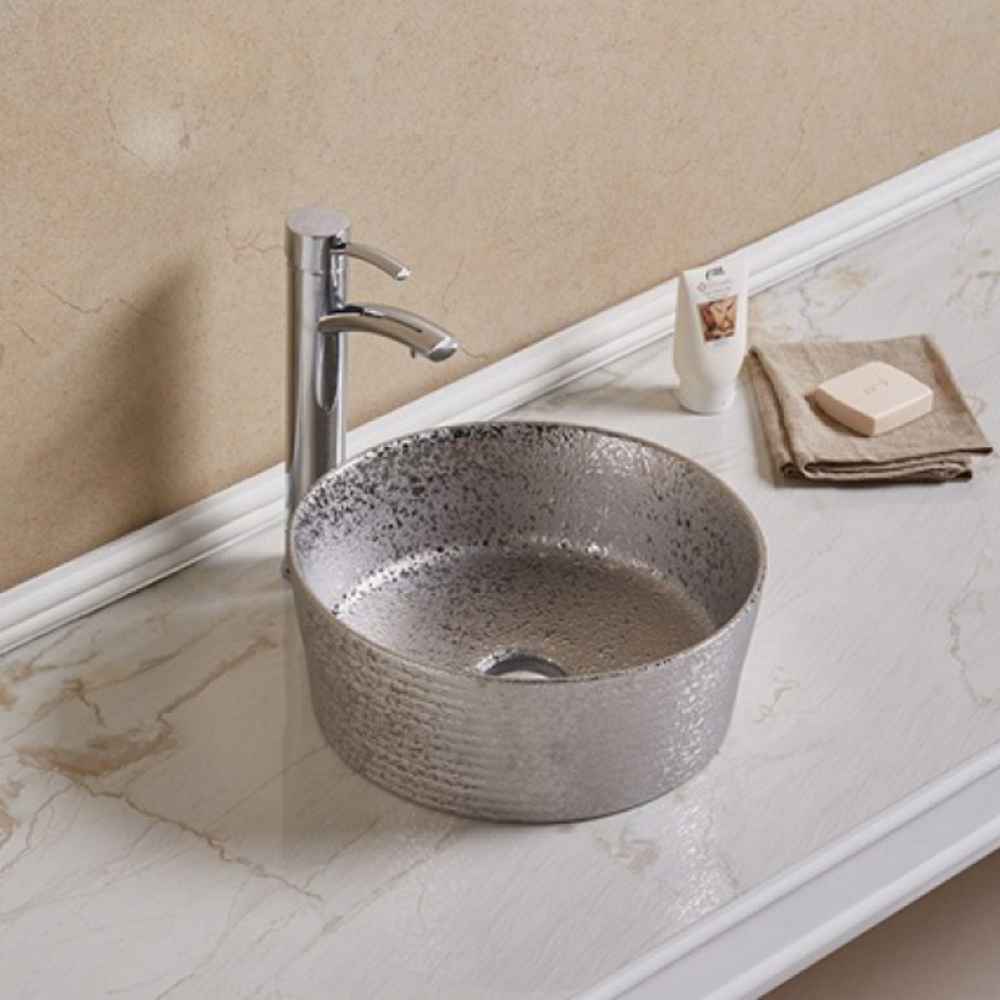 14.09 x 14.09 in Silver Round Ceramic Bathroom Vessel Sink