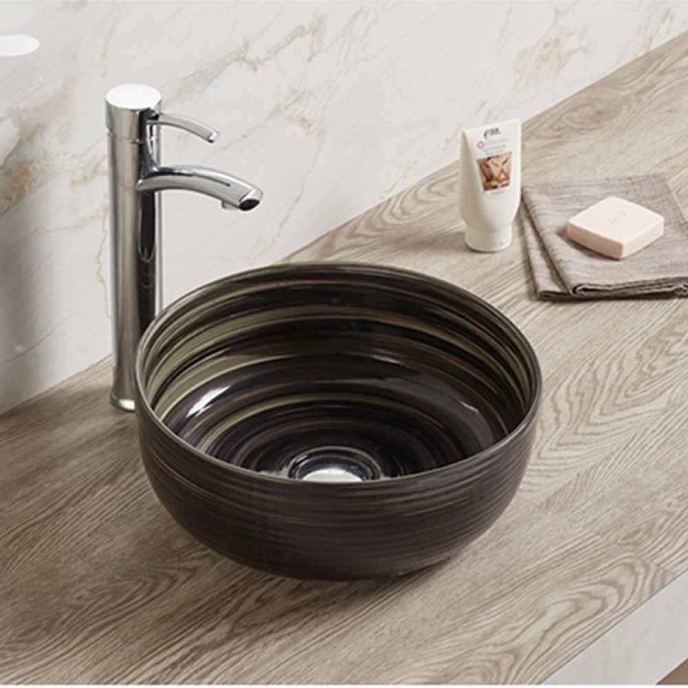 14.09-in. x 14.09-in. Round Bathroom Vessel Sink Black Swirl Enamel Glaze