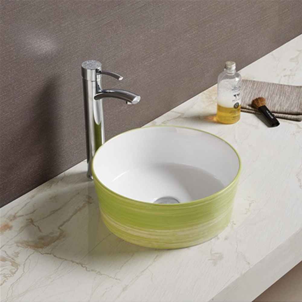 14.09-in. x 14.09-in. Round Bathroom Vessel Sink Olive Swirl-White Enamel Glaze