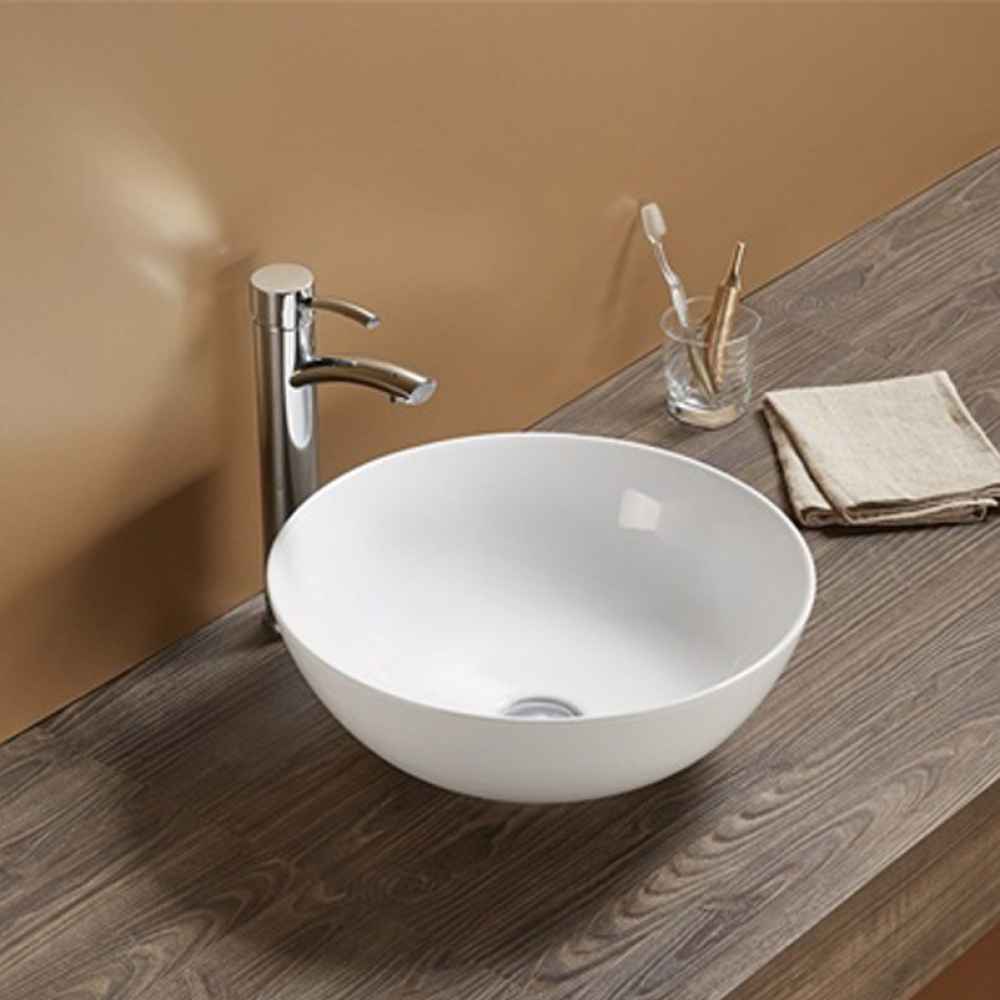 14.09-in. x 14.09-in. Round Bathroom Vessel Sink White Enamel Glaze