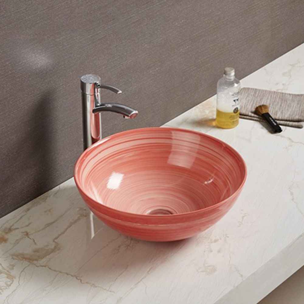16.34-in. x 16.34-in. Round Bathroom Vessel Sink Red Swirl Enamel Glaze