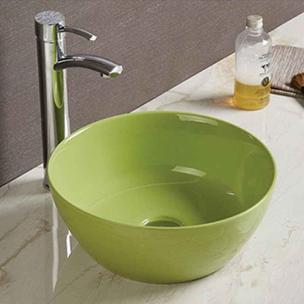 14.09-in. x 14.09-in. Round Bathroom Vessel Sink Olive Enamel Glaze