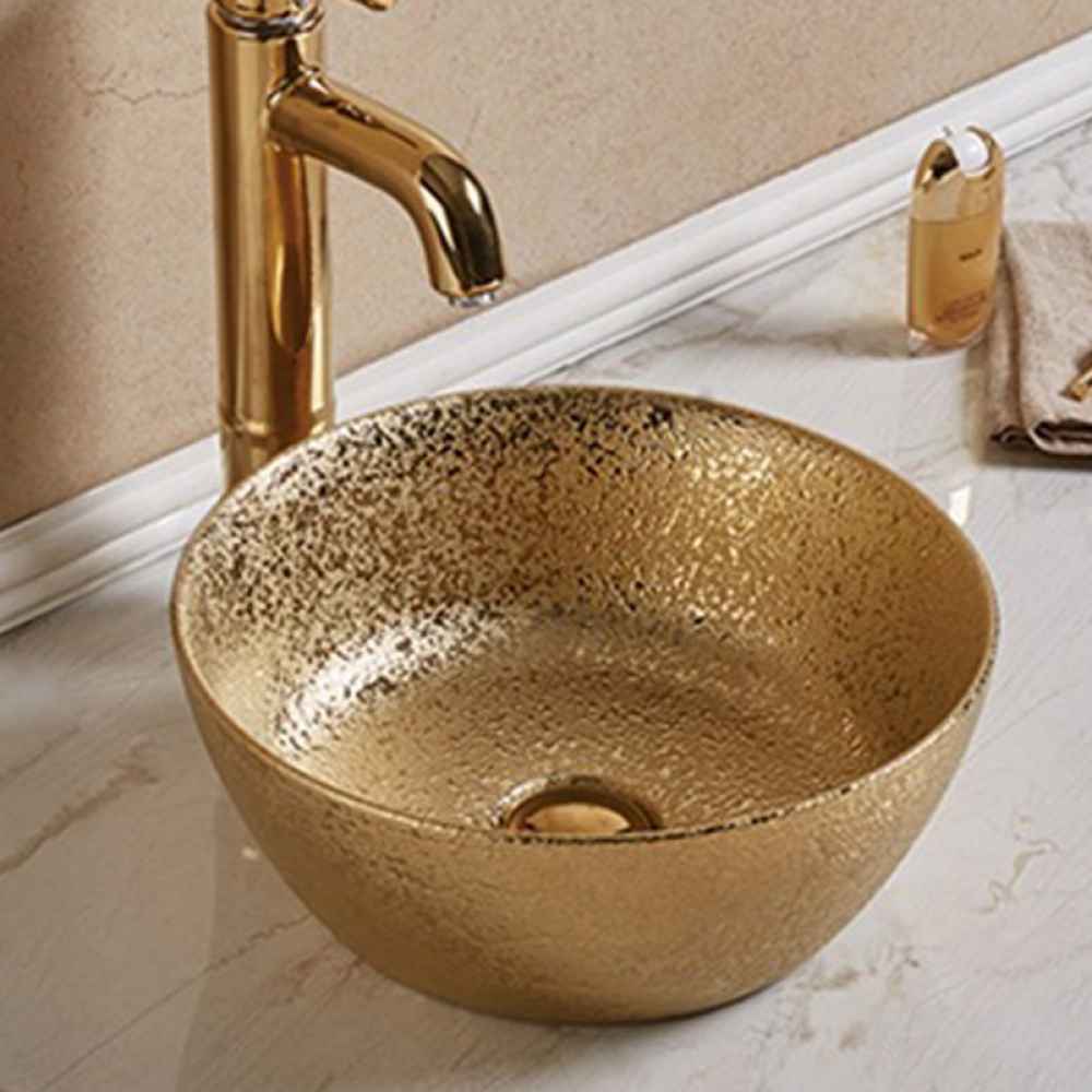 14.09-in. x 14.09-in. Round Bathroom Vessel Sink Gold Enamel Glaze