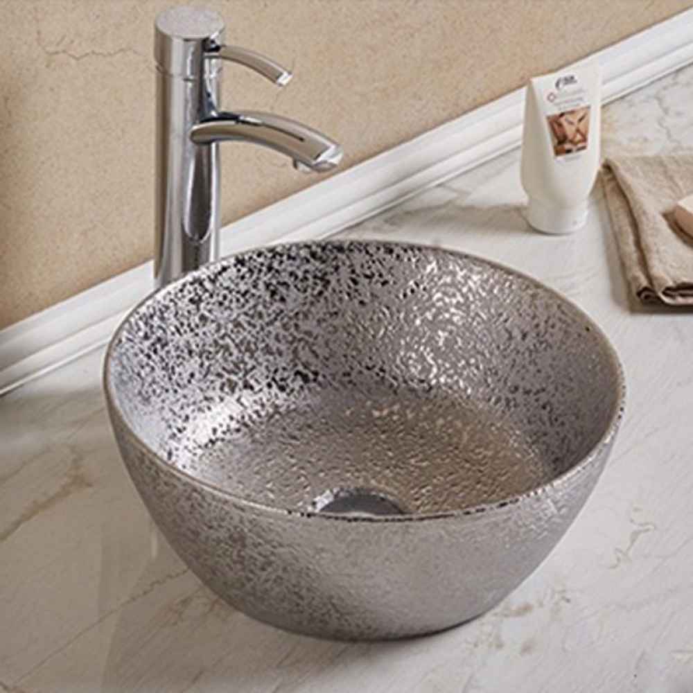 14.09-in. x 14.09-in. Round Bathroom Vessel Sink Silver Enamel Glaze