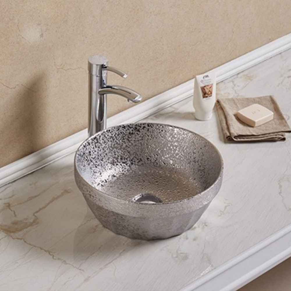 14.09-in. x 14.09-in. Round Bathroom Vessel Sink Silver Enamel Glaze