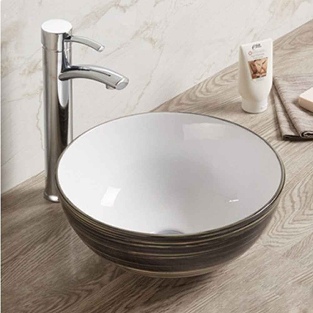 14.09-in. x 14.09-in. Round Bathroom Vessel Sink Black Swirl-White Enamel Glaze