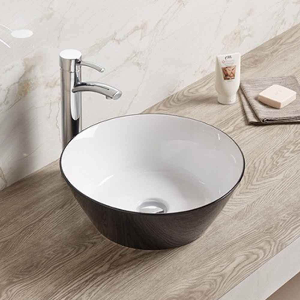 15.9-in. x 15.9-in. Round Bathroom Vessel Sink Black-White Enamel Glaze