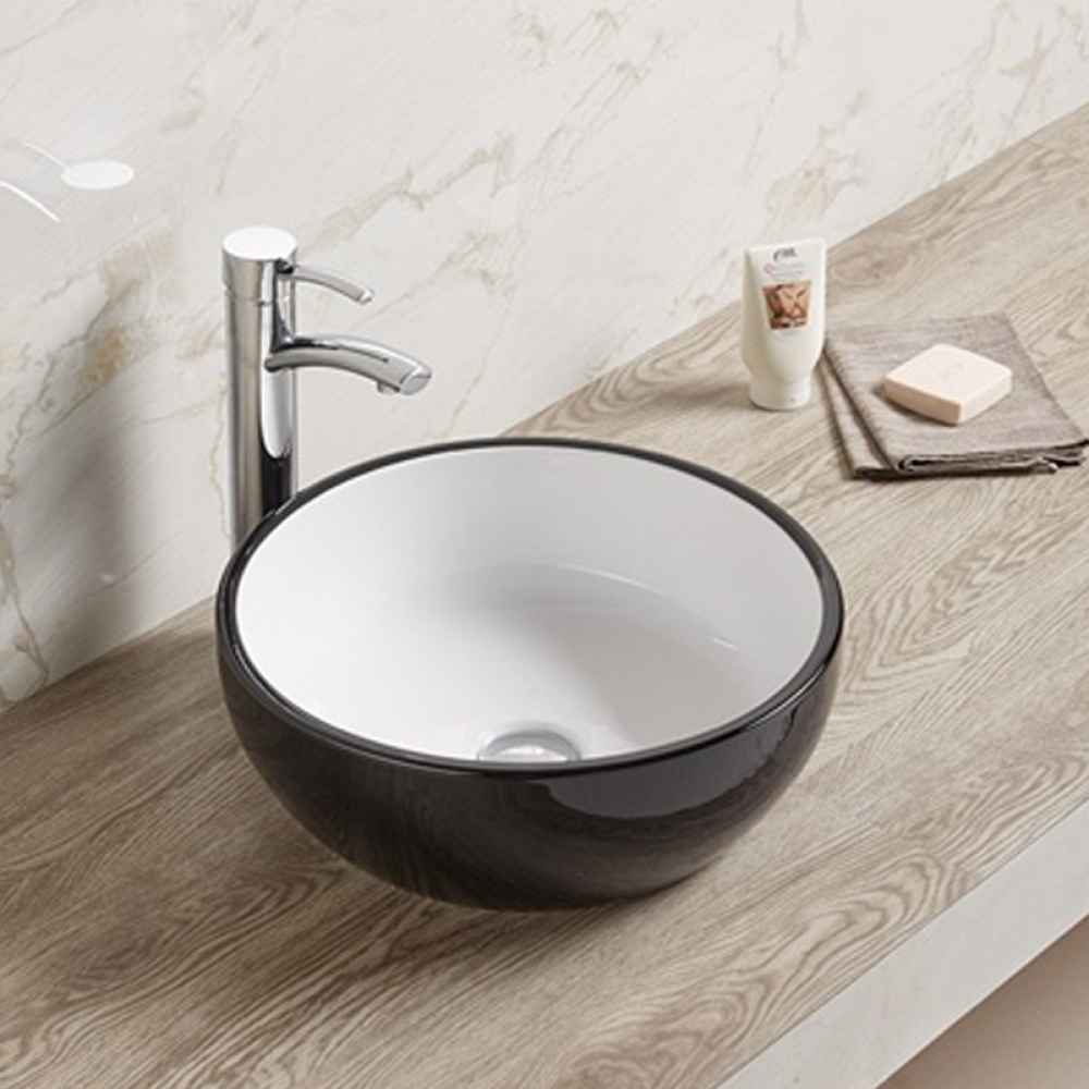 16.14-in. x 16.14-in. Round Bathroom Vessel Sink Black-White Enamel Glaze