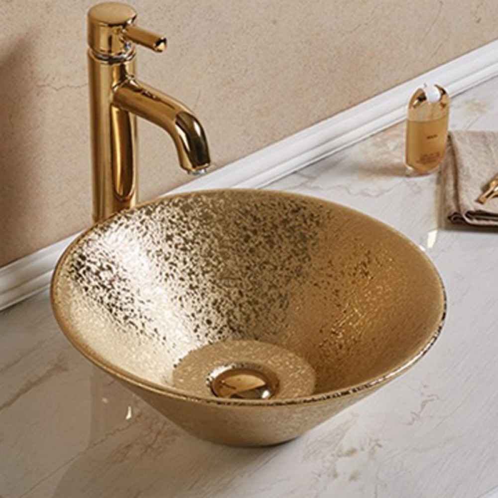 16.14-in. x 16.14-in. Round Bathroom Vessel Sink Gold Enamel Glaze