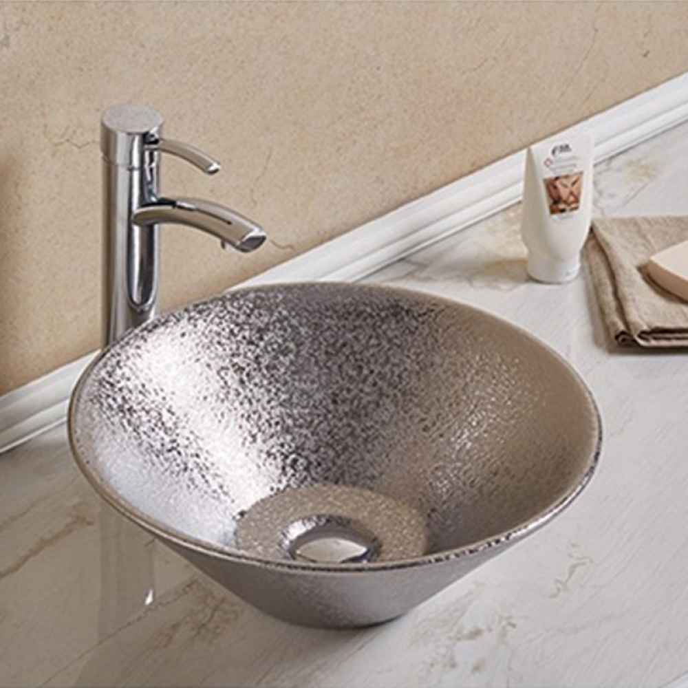 16.34-in. x 16.34-in. Round Bathroom Vessel Sink Silver Enamel Glaze