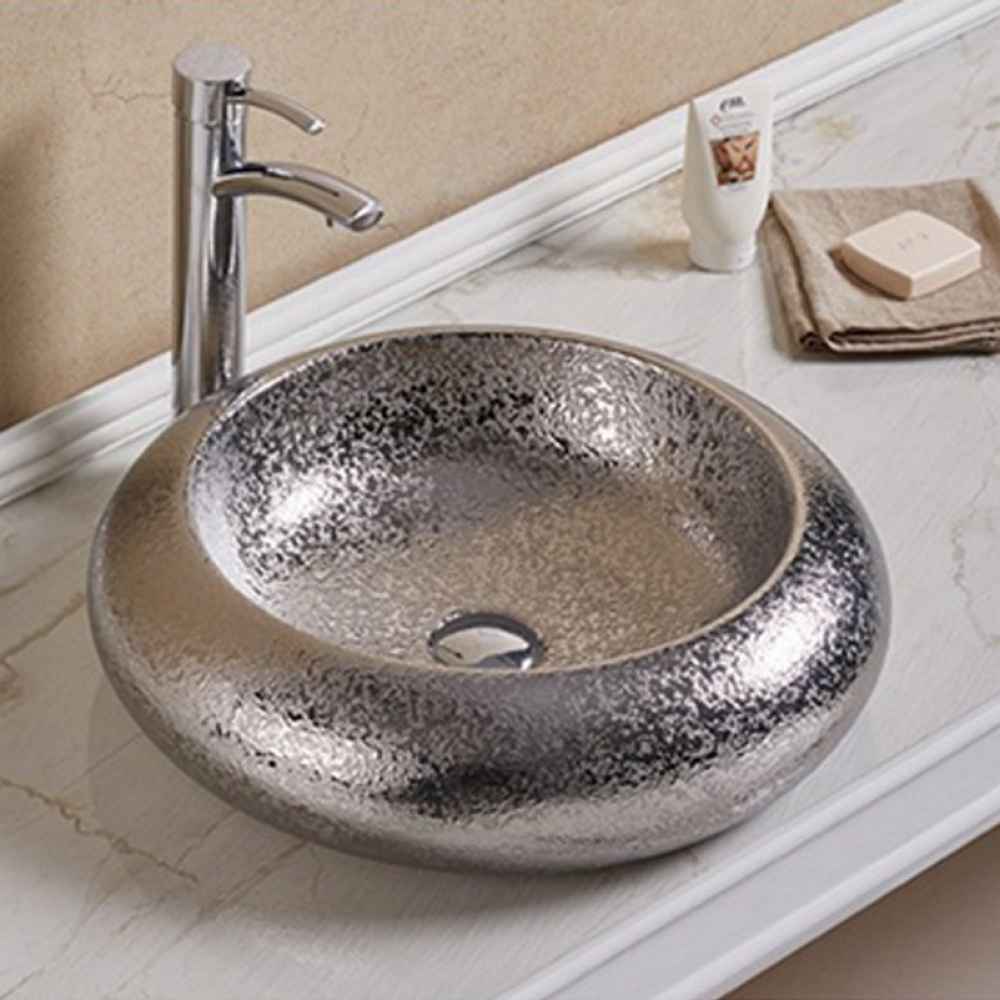 19.3-in. x 19.3-in. Round Bathroom Vessel Sink Silver Enamel Glaze