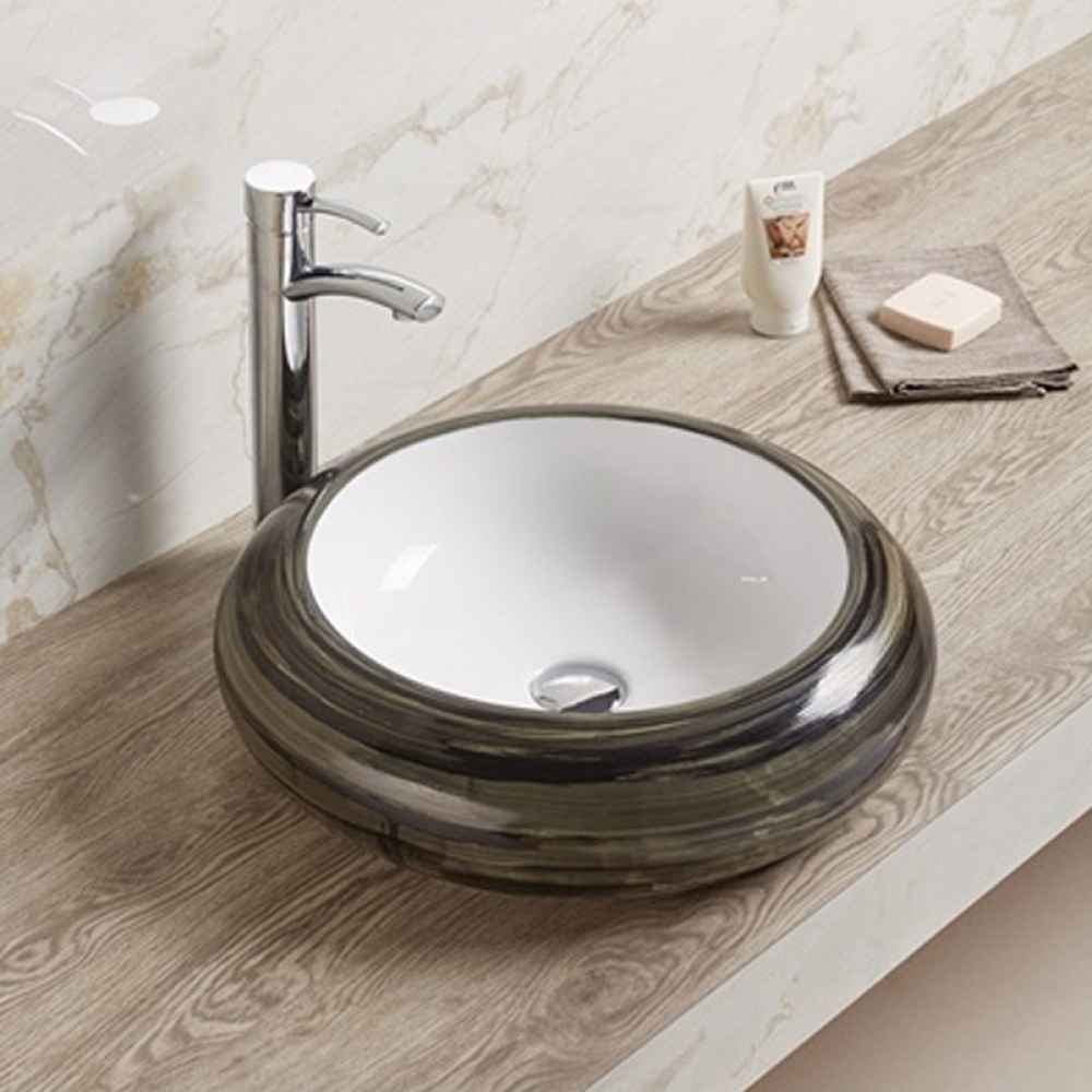 19.3-in. x 19.3-in. Round Bathroom Vessel Sink Black Swirl-White Enamel Glaze