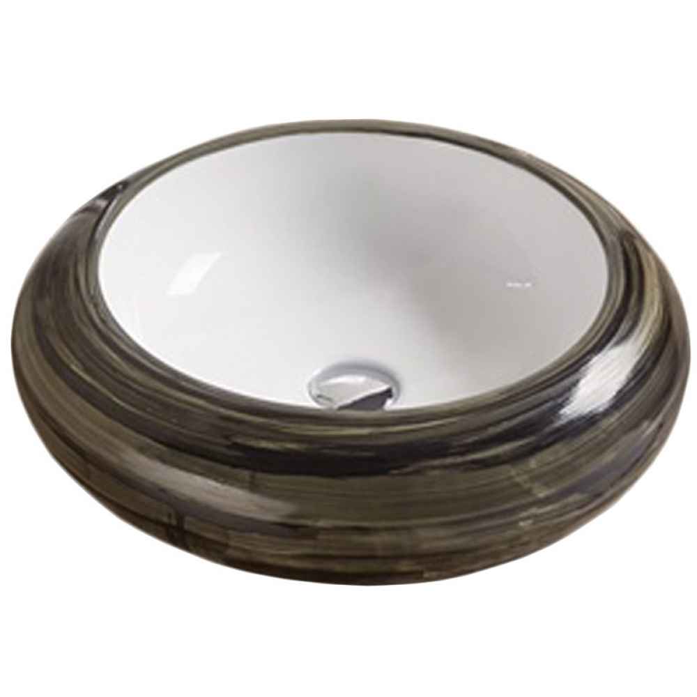 19.3-in. x 19.3-in. Round Bathroom Vessel Sink Black Swirl-White Enamel Glaze