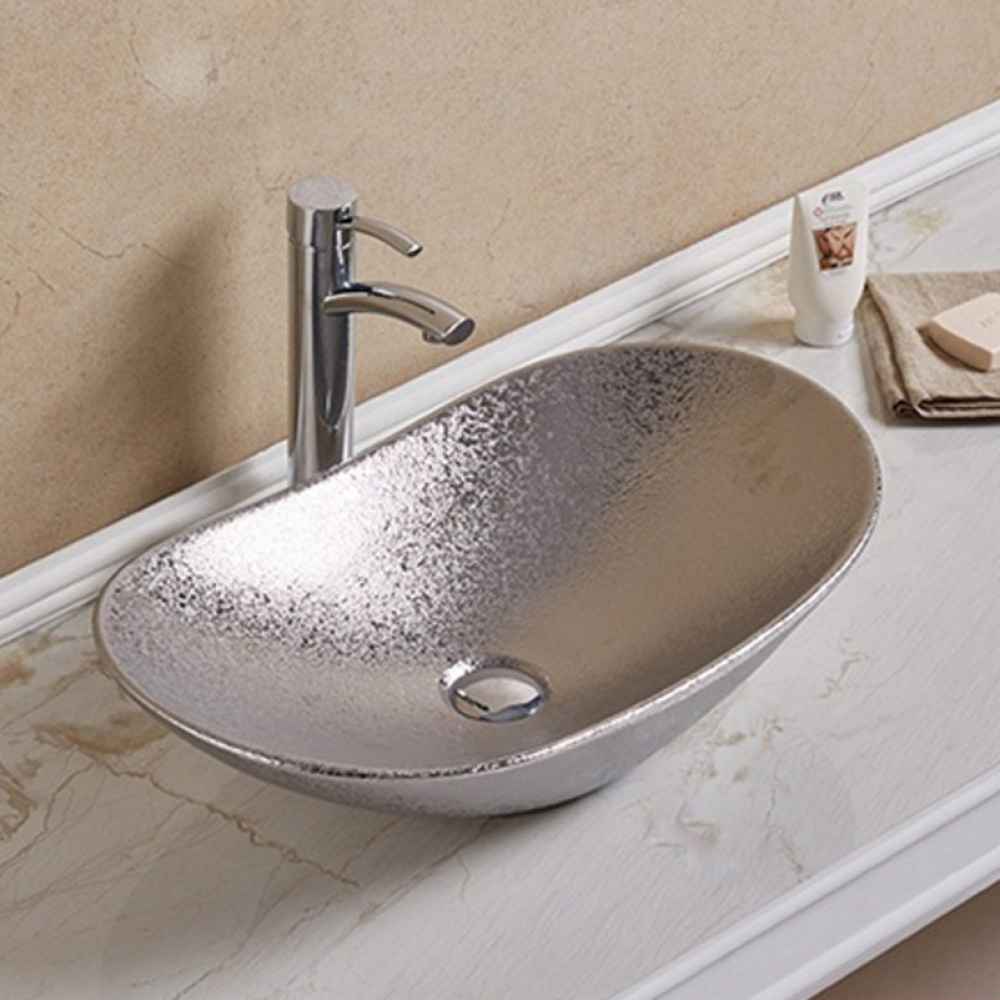 24.21-in. x 14.17-in. Oval Bathroom Vessel Sink Silver Enamel Glaze
