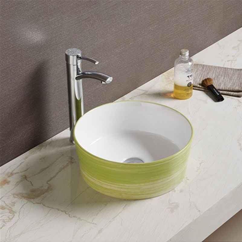 14.09-in. x 14.09-in. Round Bathroom Vessel Sink Olive Swirl-White Enamel Glaze