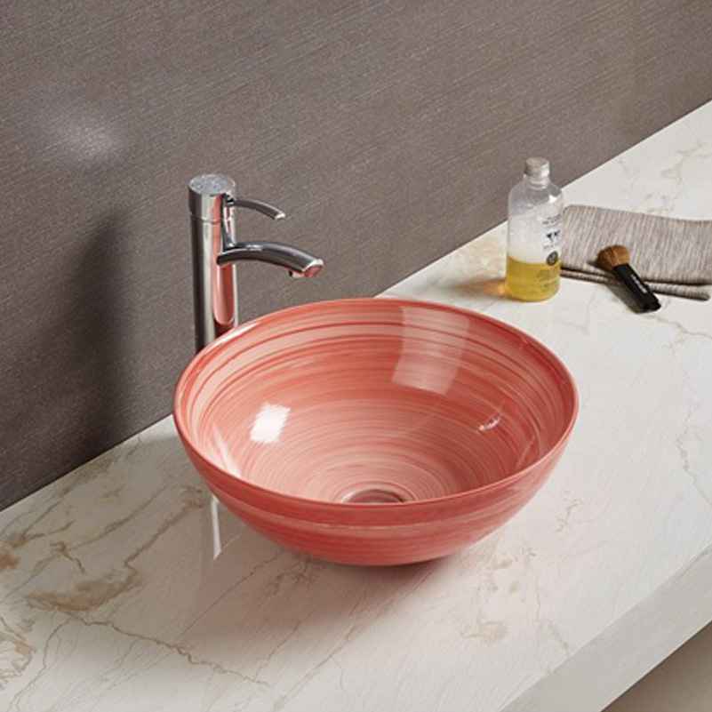 16.34-in. x 16.34-in. Round Bathroom Vessel Sink Red Swirl Enamel Glaze