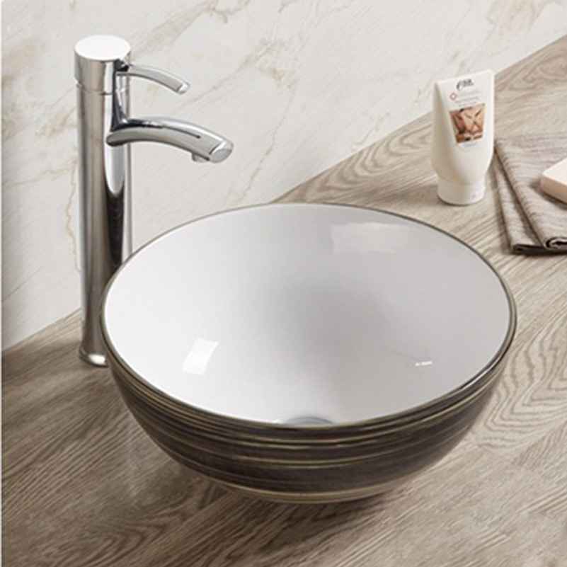 14.09-in. x 14.09-in. Round Bathroom Vessel Sink Black Swirl-White Enamel Glaze