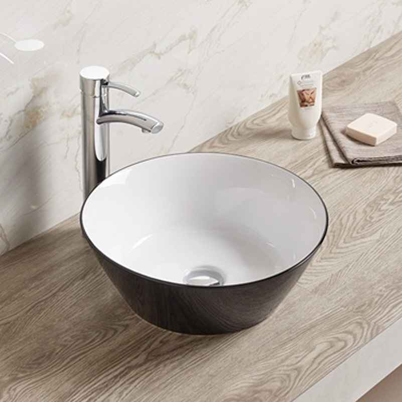 15.9-in. x 15.9-in. Round Bathroom Vessel Sink Black-White Enamel Glaze