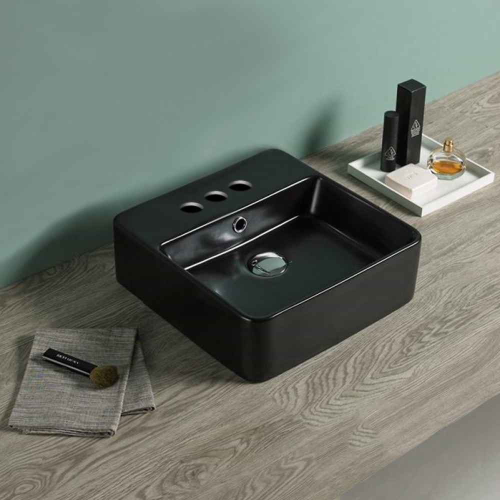 16-in. x 16-in. Square Bathroom Vessel Sink Black Enamel Glaze