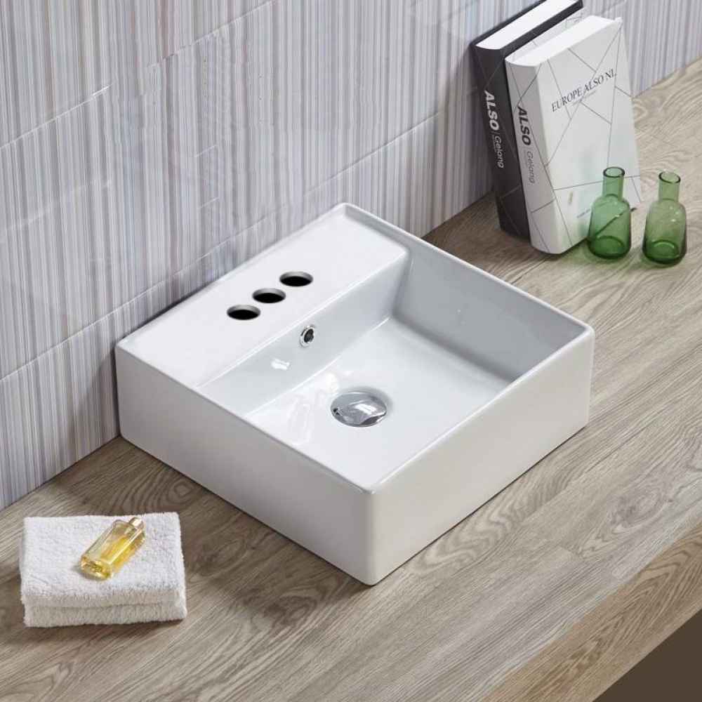 15-in. x 15-in. Square Bathroom Vessel Sink White Enamel Glaze