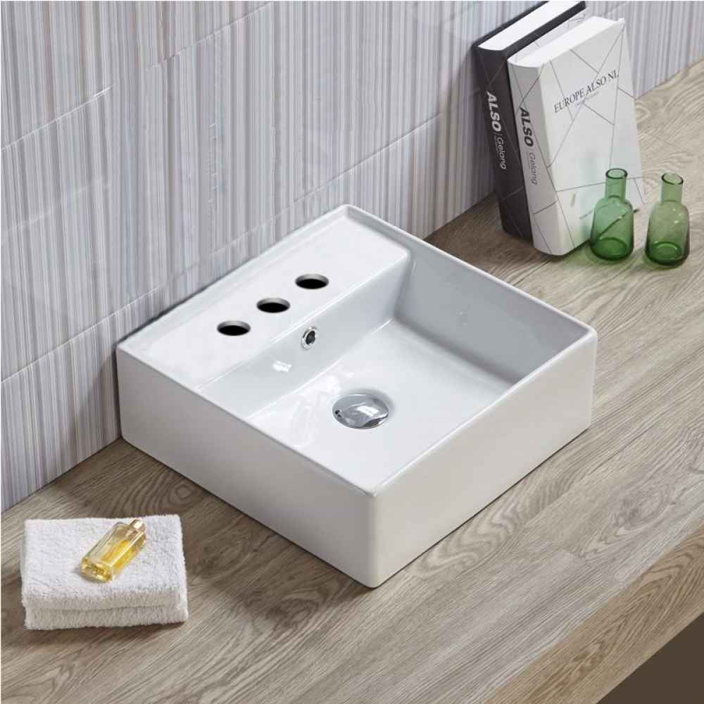 18.1-in. x 18.1-in. Square Bathroom Vessel Sink White Enamel Glaze