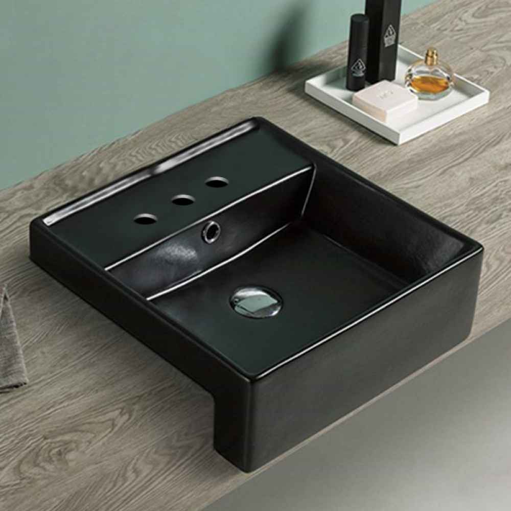 16.14-in. x 16.14-in. Square Bathroom Vessel Sink Black Enamel Glaze