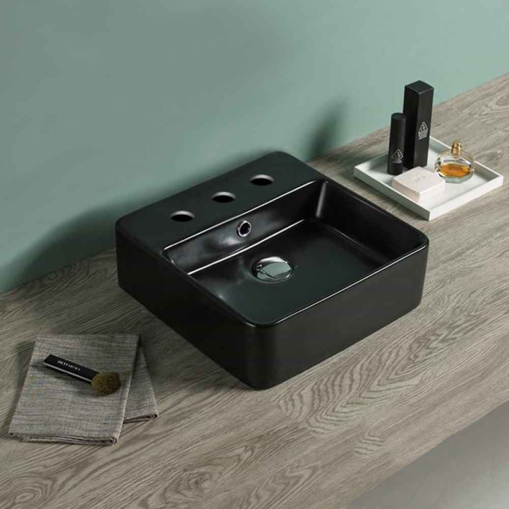 16-in. x 16-in. Square Bathroom Vessel Sink Black Enamel Glaze