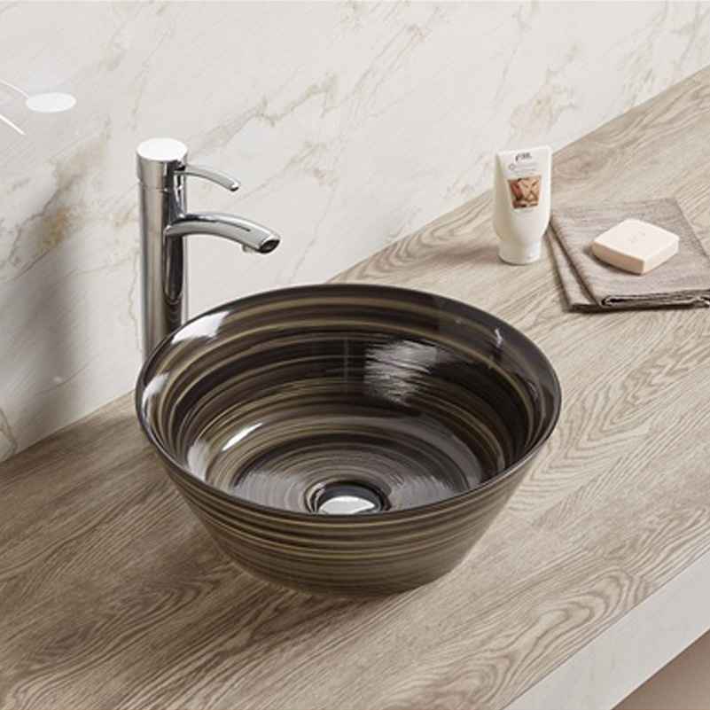 15.94-in. x 15.94-in. Round Bathroom Vessel Sink Black Swirl Enamel Glaze