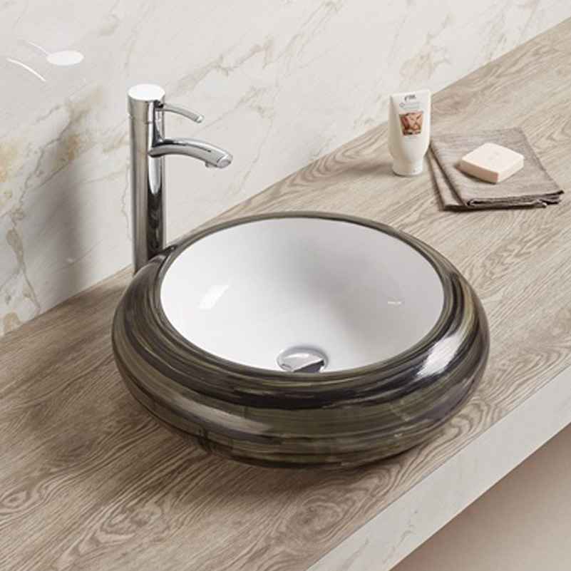 19.3-in. x 19.3-in. Round Bathroom Vessel Sink Black Swirl-White Enamel Glaze